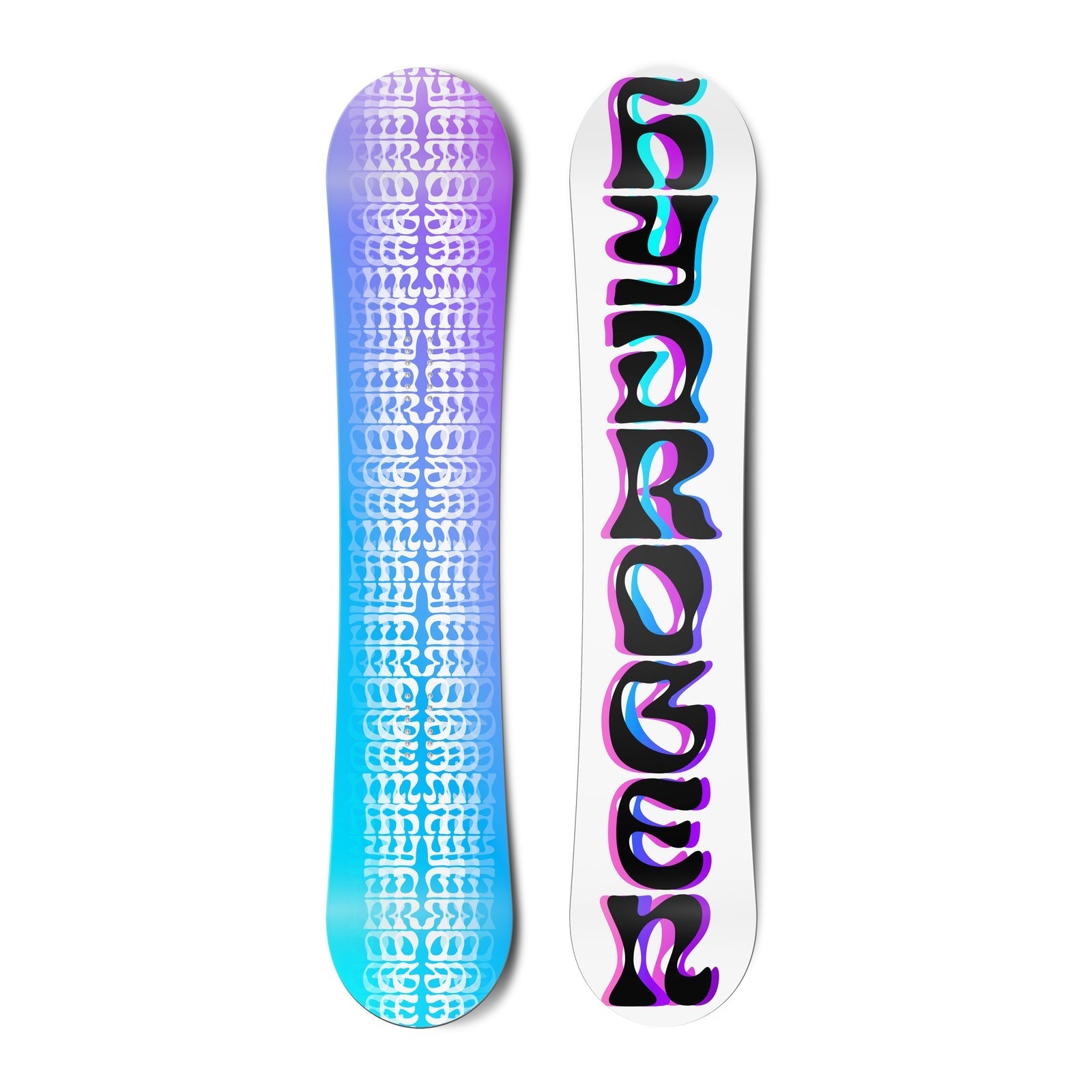 Top and bottom view of a snowboard.The top view shows the text “hydrogen” in overlapping blue, pink
          and black font. The bottom view is a purple to blue gradient with white geometric pattern overlay.