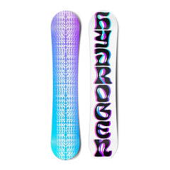 Top and bottom view of a snowboard.The top view shows the text “hydrogen” in overlapping blue, pink
          and black font. The bottom view is a purple to blue gradient with white geometric pattern overlay.